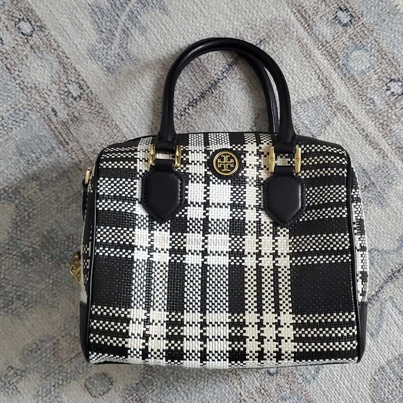 Tory Burch Robinson Plaid Boston Satchel Bag Purse with Crossbody Strap - Picture 3 of 16